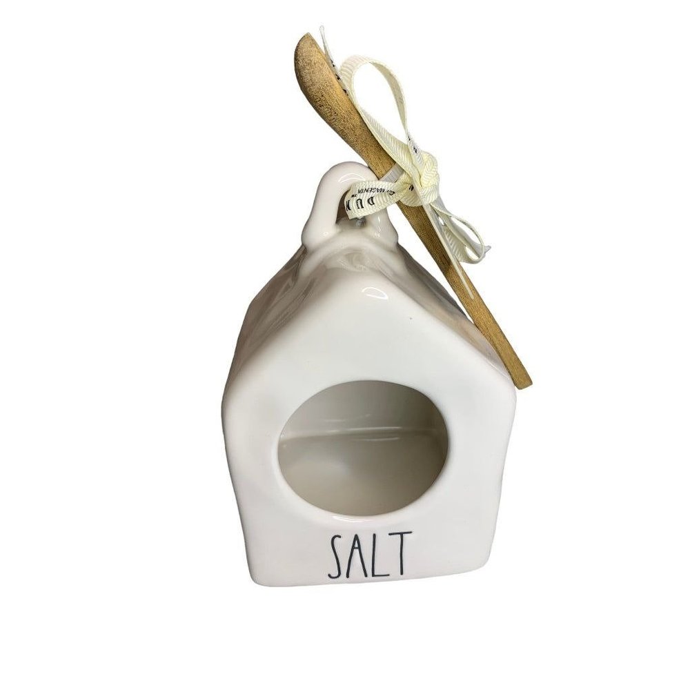 Rae Dunn Ceramic Salt Pig and Wooden Spoon "SALT" Birdhouse Shape